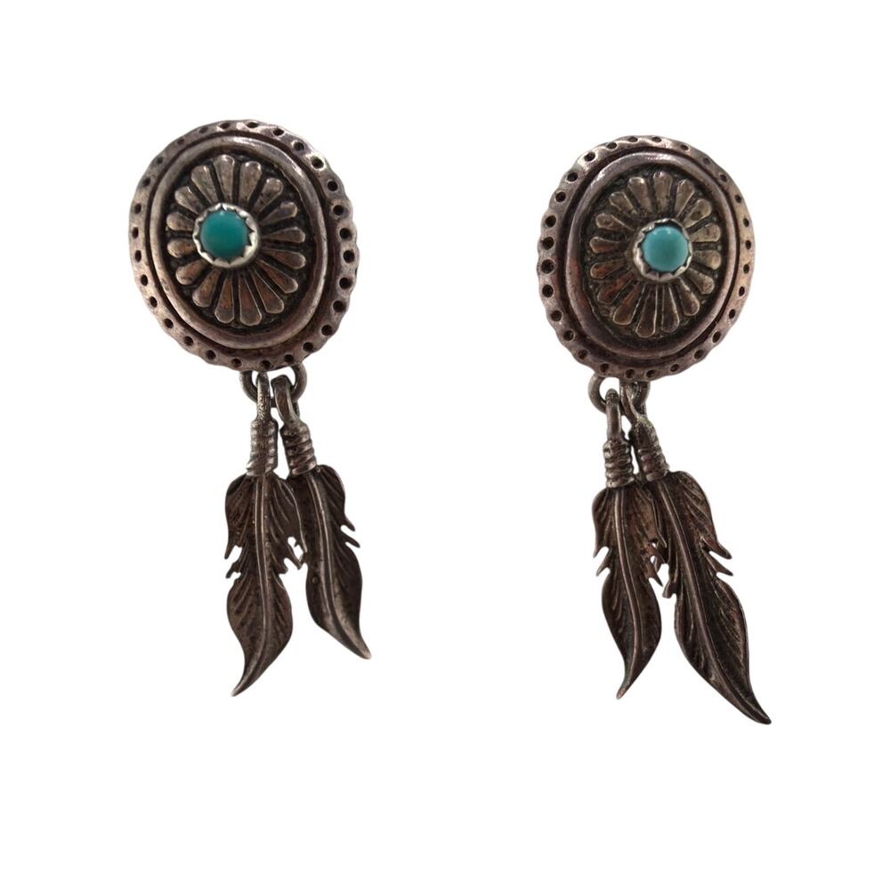 Vintage Navajo Sterling Silver Concho and Feather Dangle Earrings